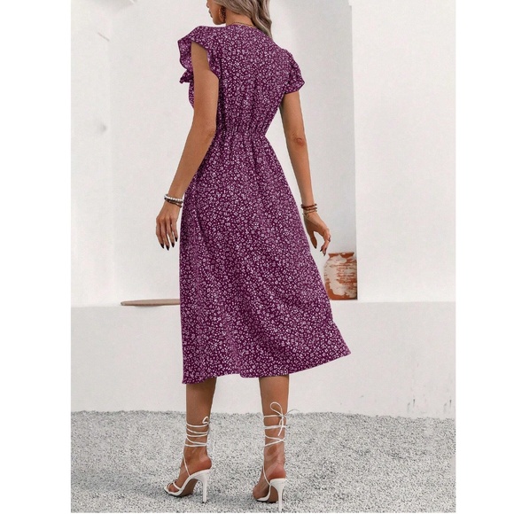 Boho Purple Floral V Neck Ruffle Hem Midi Length, A Line Button Up Dress - Picture 4 of 6